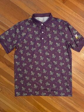 ROLO GOLF Sugar Skull Novelty Print Purple Coastal Sporty Whimsical Polo Shirt